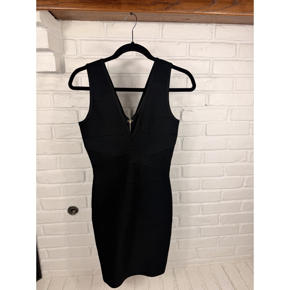 bebe Womens XS Black Bandage Bodycon Mini Dress Plunge V Back Zip